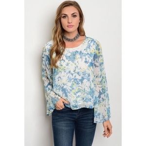 Women's Floral Blue Bell Sleeve Blouse